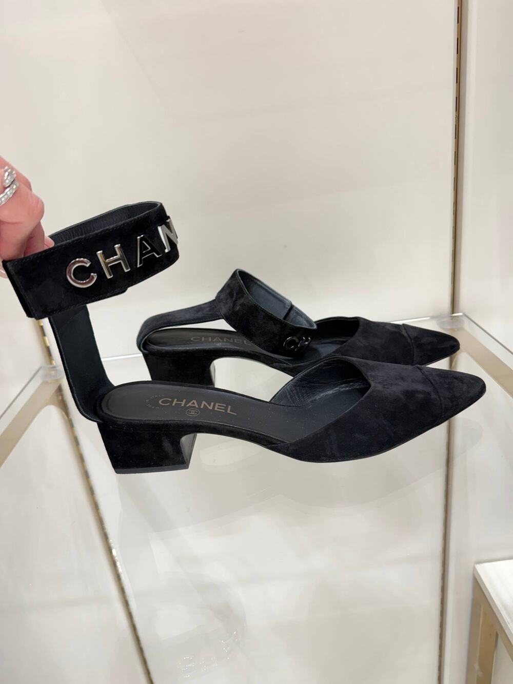 Chanel Black Suede CC Ankle-Strap Pumps Size 41C